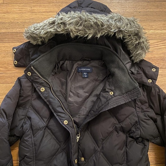 Lands' End Jacket Womens XS Petite Brown Quilted Down Faux Fur Hood Parka Zip - Picture 7 of 14